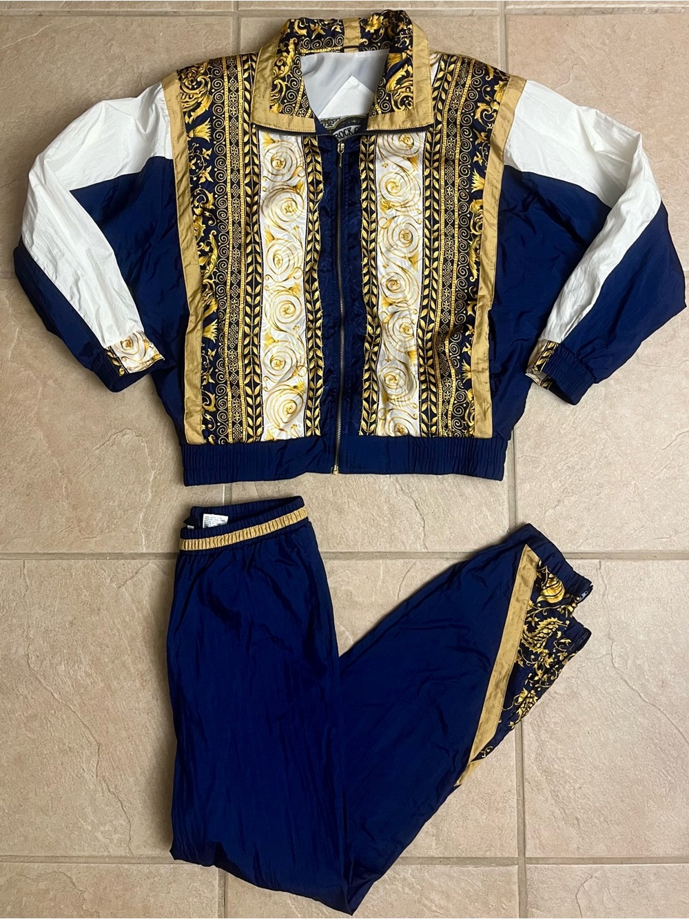 1980s Vintage 2 Pc Navy Blue Gold White Bomber Jacket & Pants Set w/ Pockets